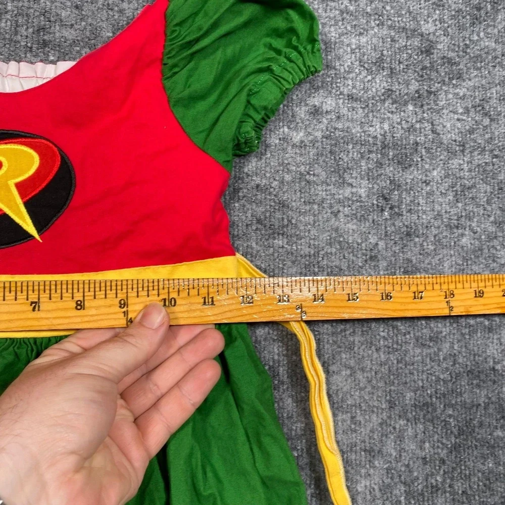 DC Comics Robin Superhero Dress Girls Red Green Yellow Logo Smocked Back
